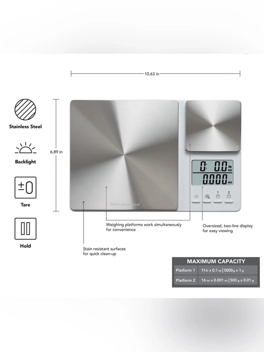 KitchenAid Stainless Steel Digital Kitchen Scale - Silver & White